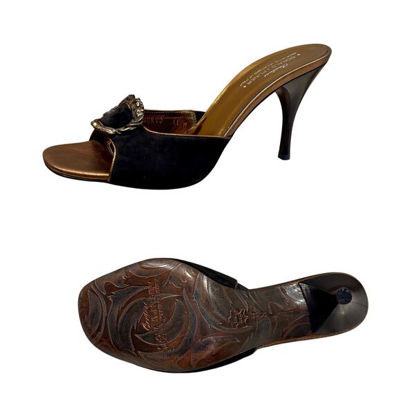 Donald Pliner Shoe Slide Black Suede Bronze Metal Buckle Rhinestones $295 NWT - Picture 5 of 6